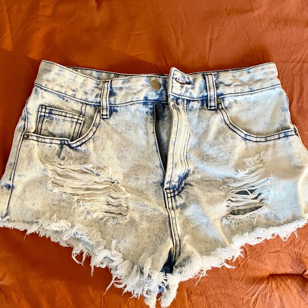 NEW condition, blue & white distressed denim shorts from Forever 21, size 28